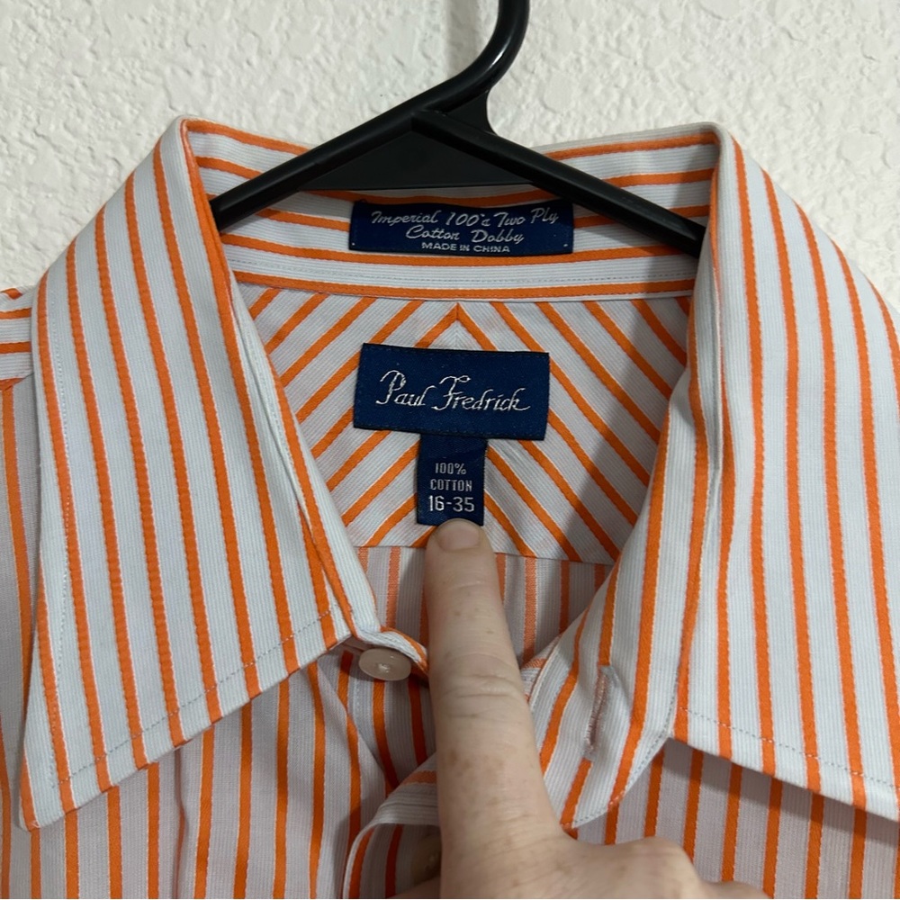 Paul Fredrick Shirt Mens 16-35 Orange Two Ply Cotton‎ Pinpoint Stripe Tennessee - Picture 2 of 5